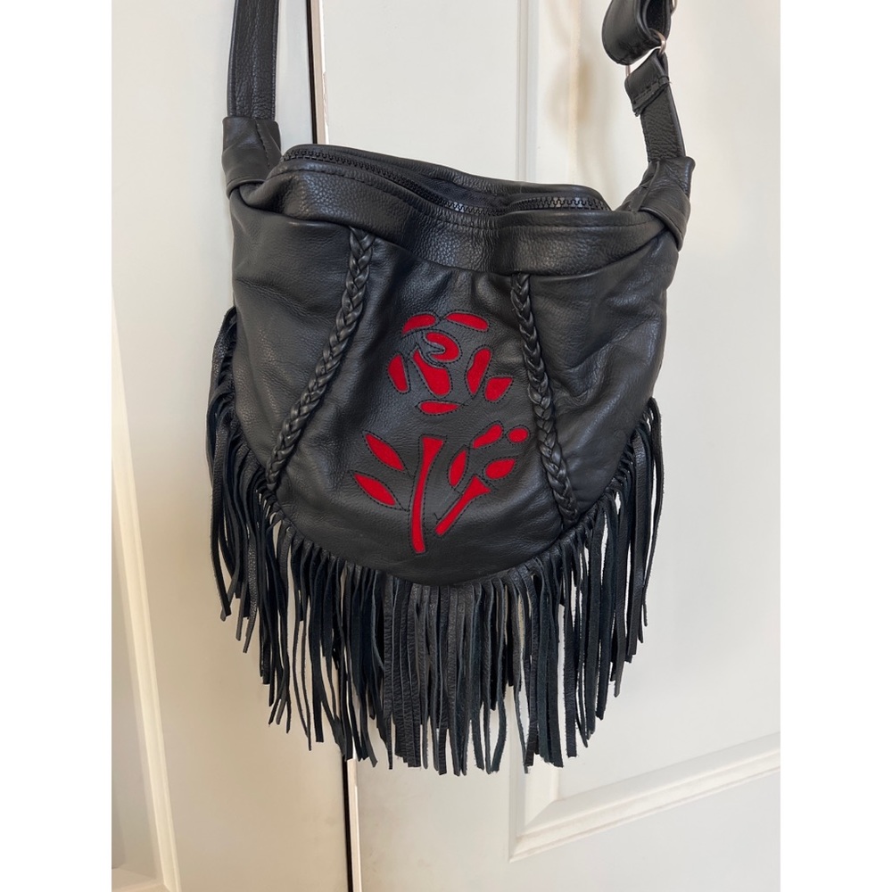HOBO FRINGE BLACK LEATHER PURSE  size 13.5" x 9.5" at the highest point